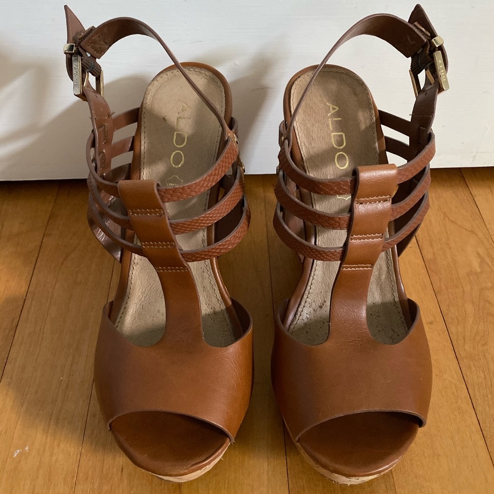 Sz8 Aldo Brown Strappy Cork Platform Wedge Heels